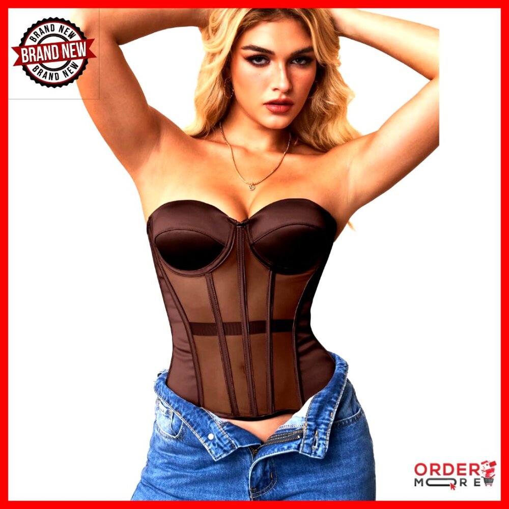 Strapless Sheer Mesh Corset Push Up Shapewear Lace Up Fit Satin Opaque Bra